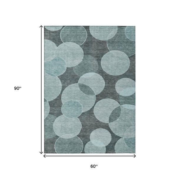 5' X 8' Teal Blue And Pale Aqua Geometric Washable Indoor Outdoor Area Rug