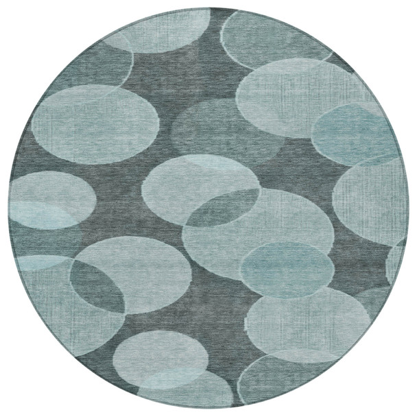 8' Teal Blue And Pale Aqua Round Geometric Washable Indoor Outdoor Area Rug