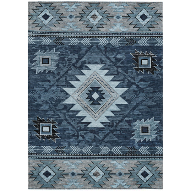 5' X 8' Blue Ivory And Charcoal Tribal Washable Indoor Outdoor Area Rug