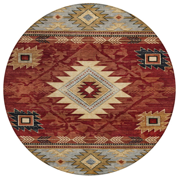 8' Rust Beige And Charcoal Round Tribal Washable Indoor Outdoor Area Rug
