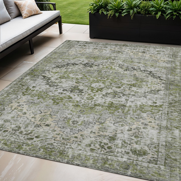 5' X 8' Artichoke Green Gray And Silver Floral Washable Indoor Outdoor Area Rug