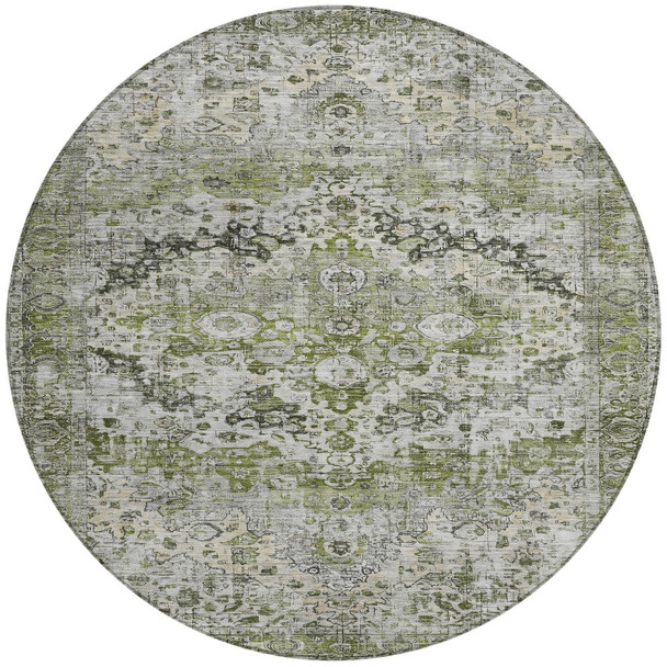 8' Artichoke Green Gray And Silver Round Floral Washable Indoor Outdoor Area Rug