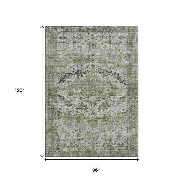 8' X 10' Artichoke Green Gray And Silver Floral Washable Indoor Outdoor Area Rug