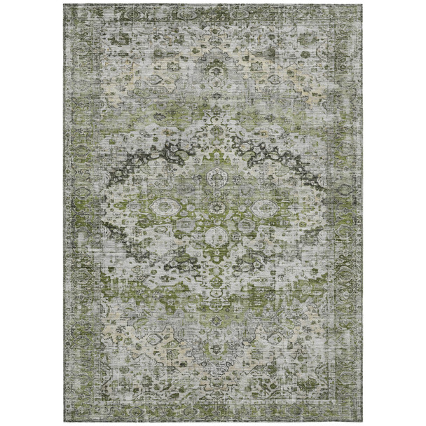 10' X 14' Artichoke Green Gray And Silver Floral Washable Indoor Outdoor Area Rug