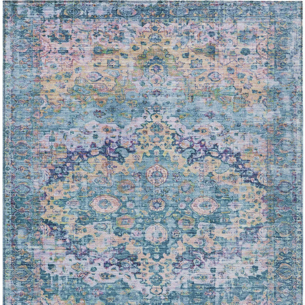 8' X 10' Denim Blue Beige And Pink Floral Washable Indoor Outdoor Area Rug