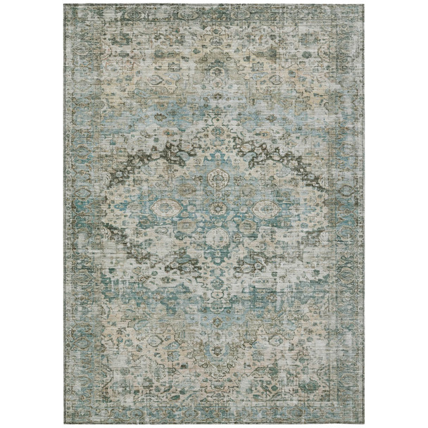 5' X 8' Sage Teal Blue And Beige Floral Washable Indoor Outdoor Area Rug