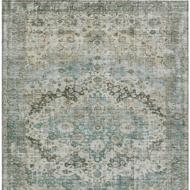 9' X 12' Sage Teal Blue And Beige Floral Washable Indoor Outdoor Area Rug