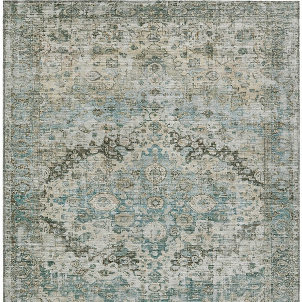10' X 14' Sage Teal Blue And Beige Floral Washable Indoor Outdoor Area Rug