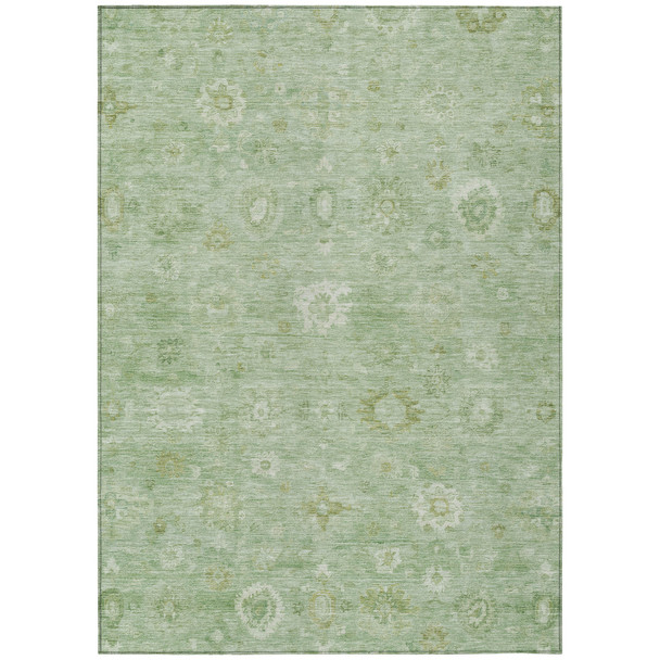 5' X 8' Artichoke Green Ivory And Mint Green Damask Washable Indoor Outdoor Area Rug