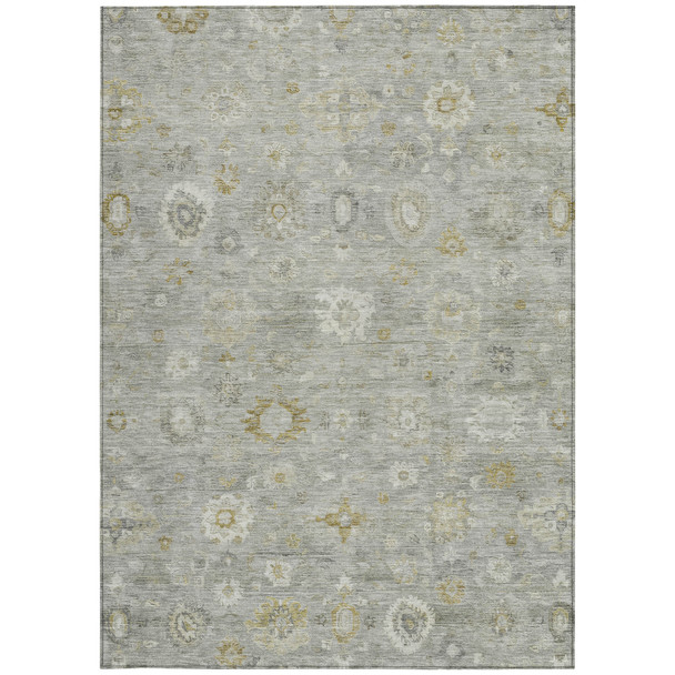 9' X 12' Gray Ivory And Gold Damask Washable Indoor Outdoor Area Rug