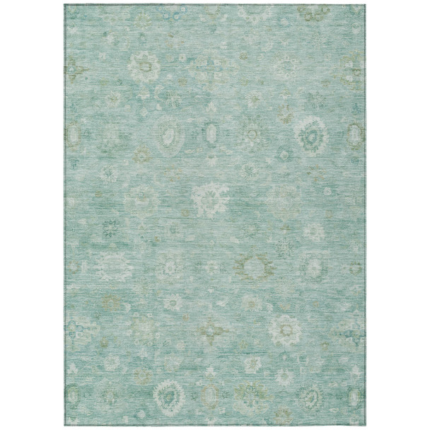 9' X 12' Teal Blue Ivory And Tan Damask Washable Indoor Outdoor Area Rug