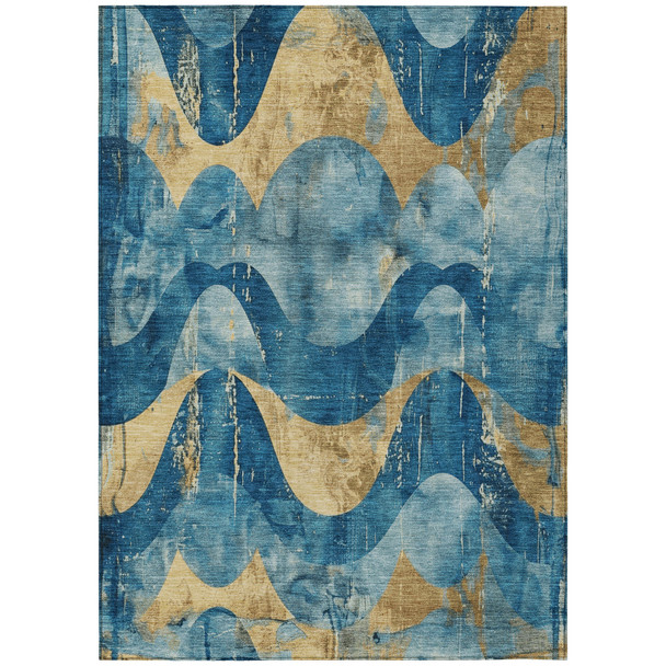 9' X 12' Teal Blue And Gold Abstract Washable Indoor Outdoor Area Rug