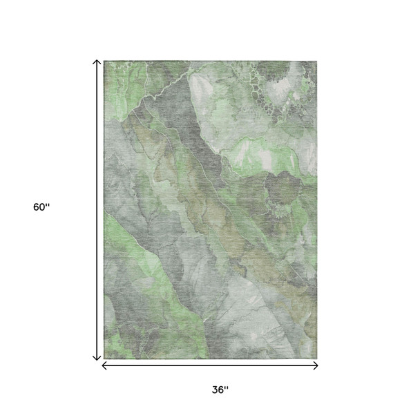 3' X 5' Green And Gray Floral Washable Indoor Outdoor Area Rug