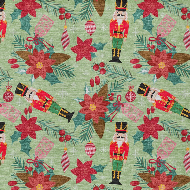 5' X 8' Artichoke Green Red Black Pink And Brown Floral Washable Indoor Outdoor Area Rug