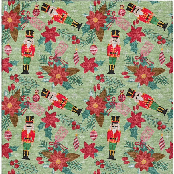 10' X 14' Artichoke Green Red Black Pink And Brown Floral Washable Indoor Outdoor Area Rug