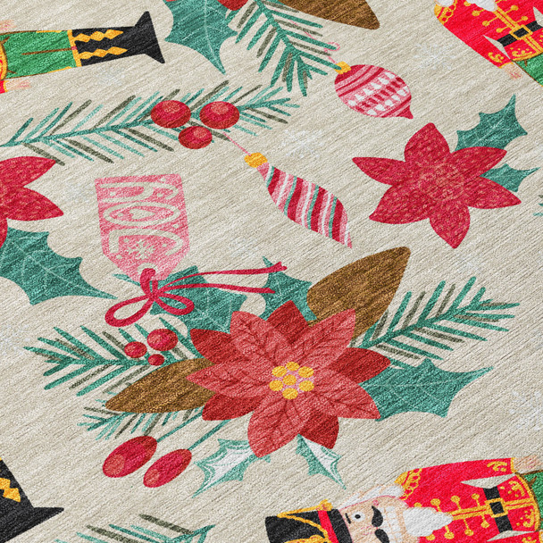 3' X 5' Beige Red Black Pink And Brown Floral Washable Indoor Outdoor Area Rug