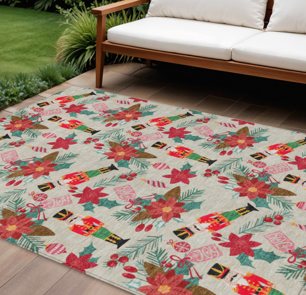 10' X 14' Beige Red Black Pink And Brown Floral Washable Indoor Outdoor Area Rug