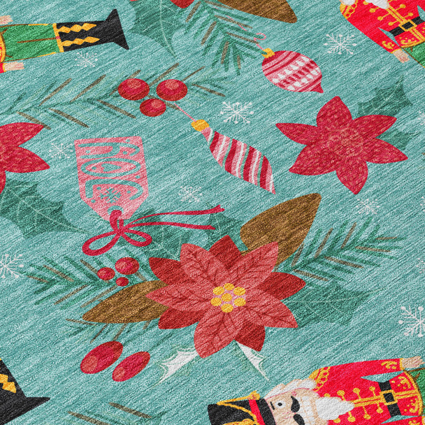 8' Teal Blue Red Black Pink And Brown Round Floral Washable Indoor Outdoor Area Rug