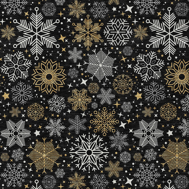 9' X 12' Black Gold And Gray Snowflake Washable Indoor Outdoor Area Rug