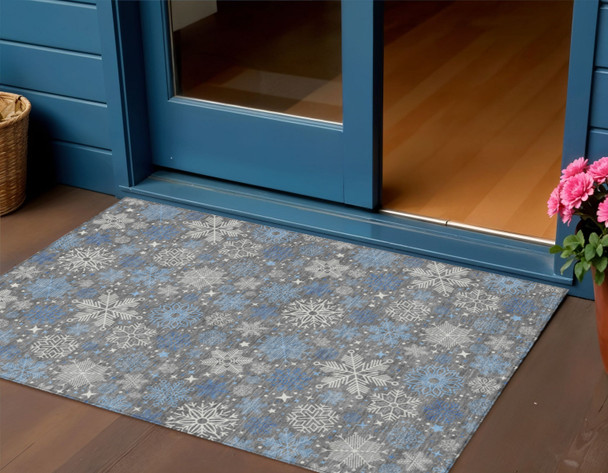 3' X 5' Gray Blue And Ivory Snowflake Washable Indoor Outdoor Area Rug