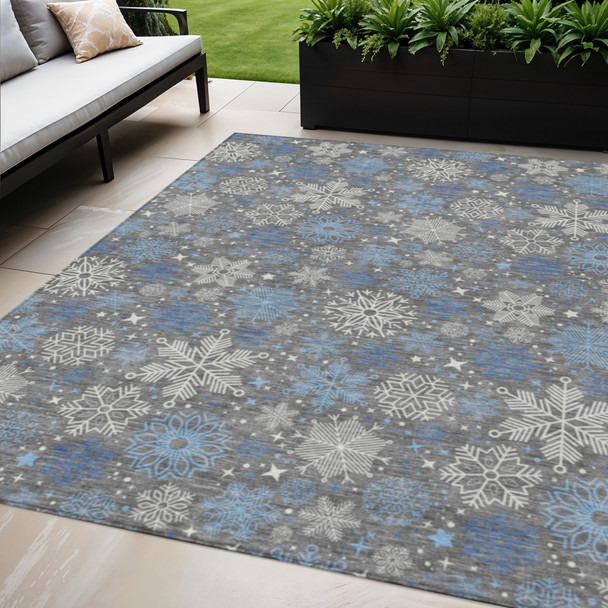 5' X 8' Gray Blue And Ivory Snowflake Washable Indoor Outdoor Area Rug