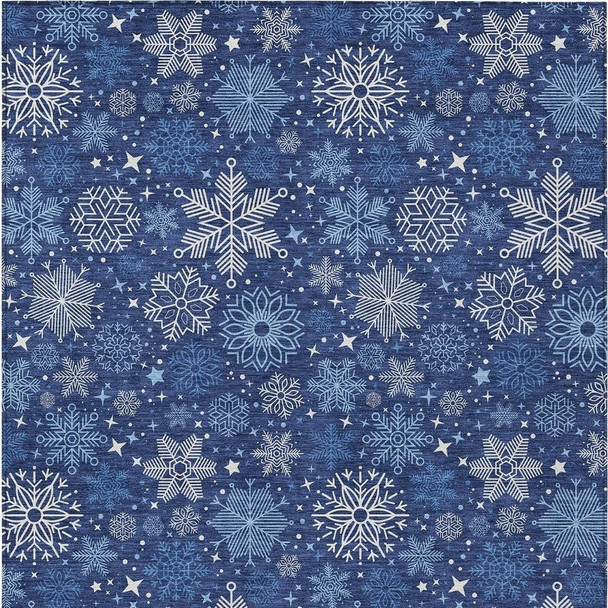 3' X 5' Navy Blue Ivory And Sky Blue Snowflake Washable Indoor Outdoor Area Rug