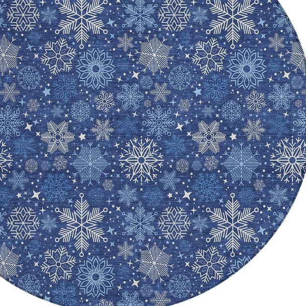 8' Navy Blue Ivory And Sky Blue Round Snowflake Washable Indoor Outdoor Area Rug