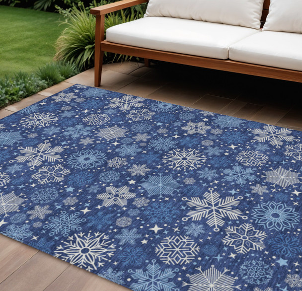 8' X 10' Navy Blue Ivory And Sky Blue Snowflake Washable Indoor Outdoor Area Rug