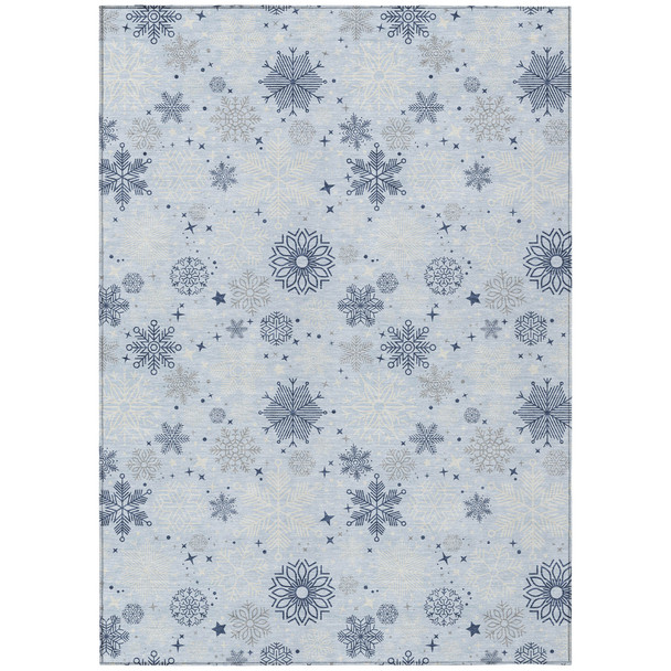 5' X 8' Sky Blue Navy Blue And Ivory Snowflake Washable Indoor Outdoor Area Rug