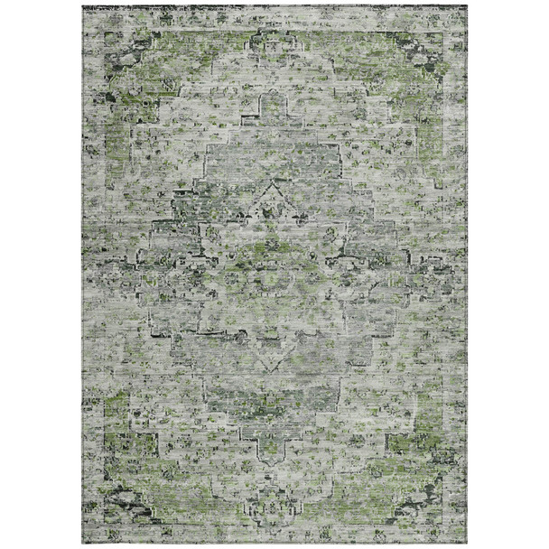 9' X 12' Artichoke Green And Gray Medallion Washable Indoor Outdoor Area Rug
