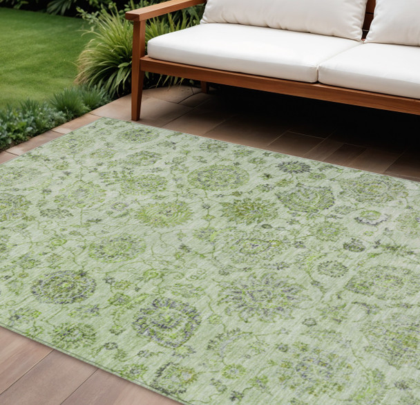 8' X 10' Artichoke Green And Gray Damask Washable Indoor Outdoor Area Rug