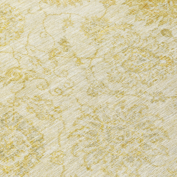 8' Gold And Beige Round Damask Washable Indoor Outdoor Area Rug