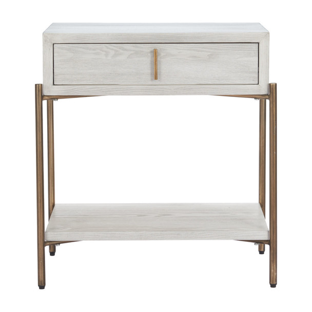 26" White and Bronze Wood and Steel End Table With Drawer And Shelf