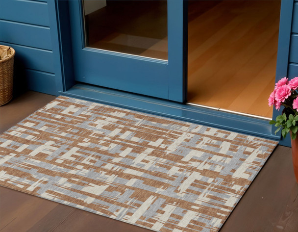 3' X 5' Rust Gray And Ivory Striped Washable Indoor Outdoor Area Rug