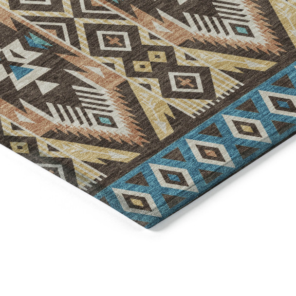 9' X 12' Brown Teal Blue And Coral Aztec Washable Indoor Outdoor Area Rug