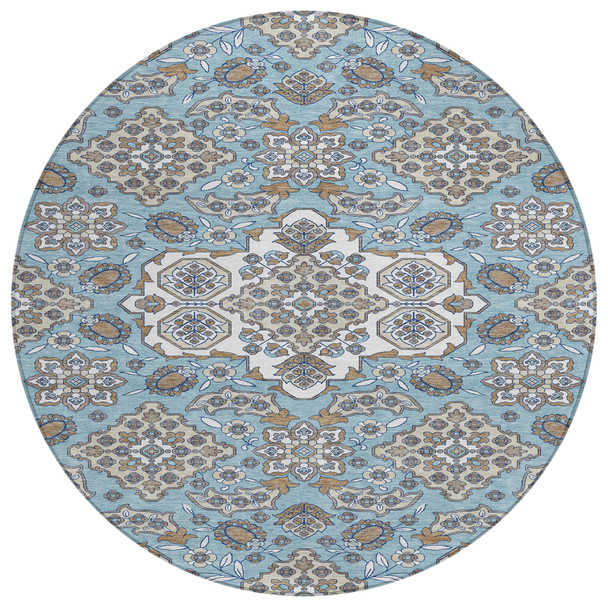 8' Sky Blue Taupe And Ivory Round Medallion Washable Indoor Outdoor Area Rug