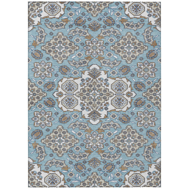 9' X 12' Sky Blue Taupe And Ivory Medallion Washable Indoor Outdoor Area Rug