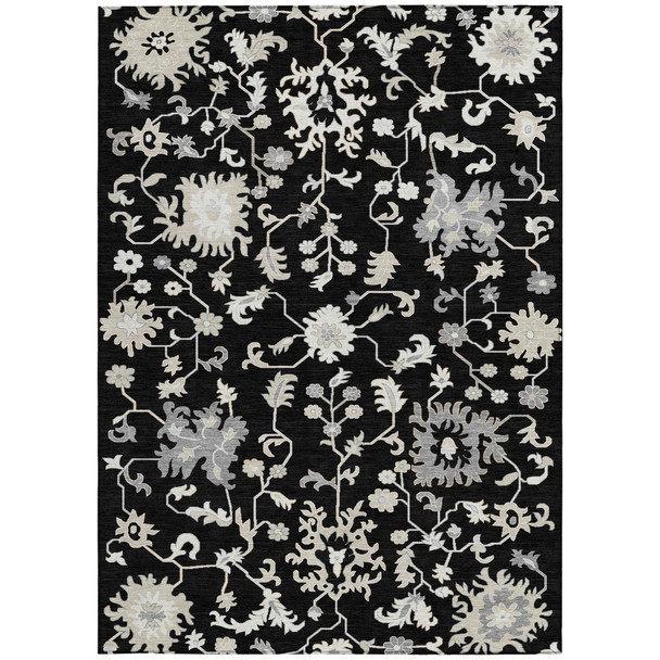 10' X 14' Black Ivory And Gray Floral Washable Indoor Outdoor Area Rug