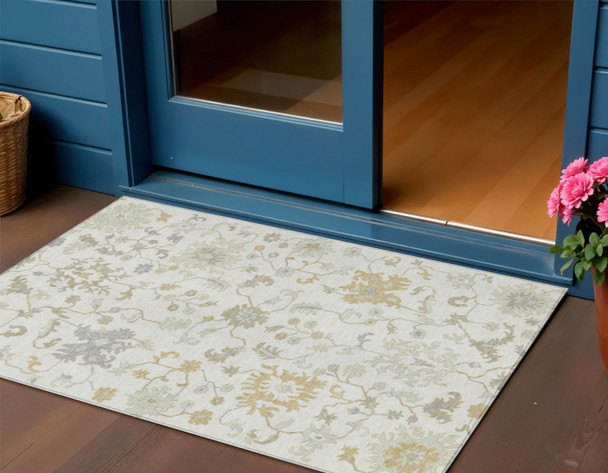 3' X 5' Ivory Gray And Taupe Floral Washable Indoor Outdoor Area Rug