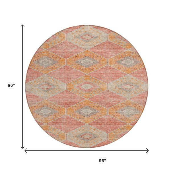 8' Coral And Gray Round Aztec Washable Indoor Outdoor Area Rug