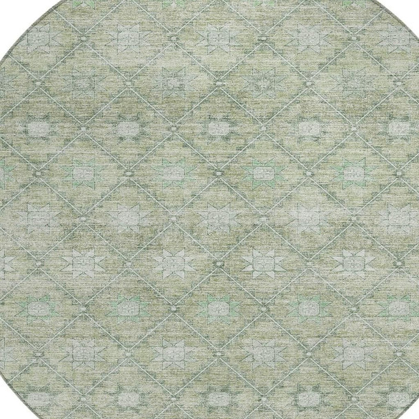 8' Artichoke Green And Gray Round Floral Washable Indoor Outdoor Area Rug