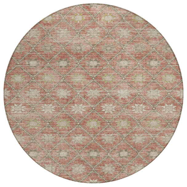 8' Terra Cotta And Beige Round Floral Washable Indoor Outdoor Area Rug