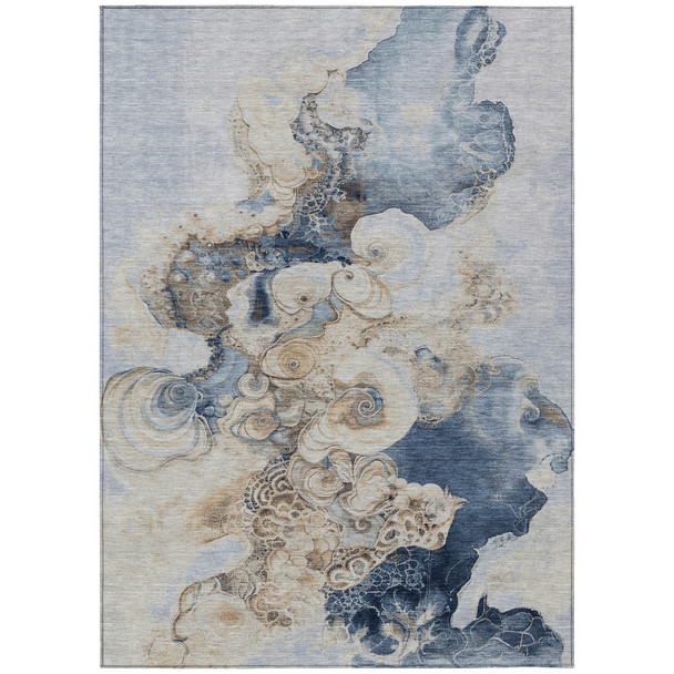 9' X 12' Denim Blue And Beige Abstract Washable Indoor Outdoor Area Rug