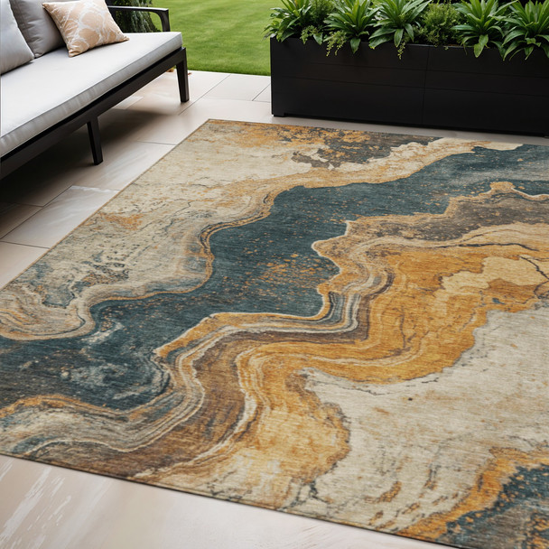 5' X 8' Linen And Charcoal Abstract Washable Indoor Outdoor Area Rug