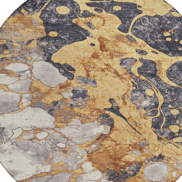 8' Gold And Charcoal Round Abstract Washable Indoor Outdoor Area Rug