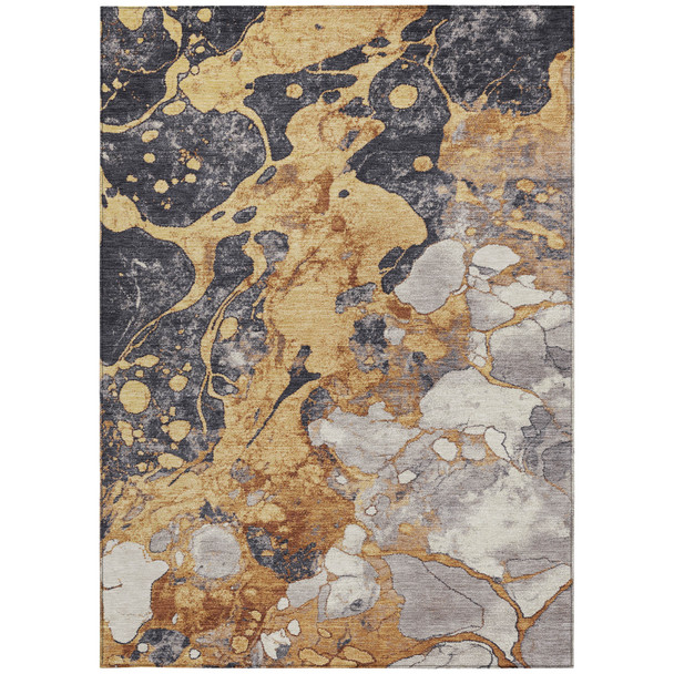 8' X 10' Gold And Charcoal Abstract Washable Indoor Outdoor Area Rug