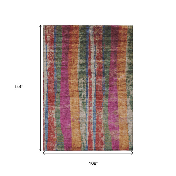 9' X 12' Beige Orange And Fern Green Striped Washable Indoor Outdoor Area Rug