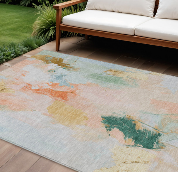 8' X 10' Peach And Teal Blue Abstract Washable Indoor Outdoor Area Rug