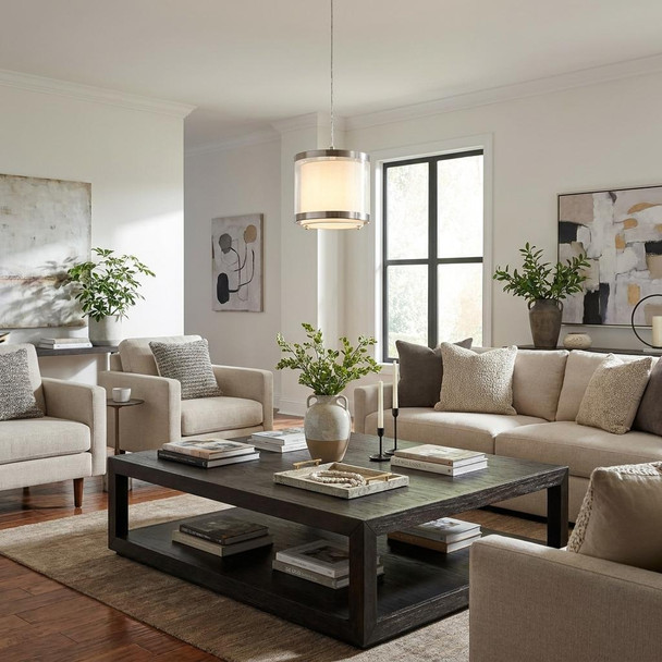White and Silver Hanging Light with Fabric Shade