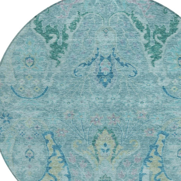 8' Blue Pale Aqua And Artichoke Green Round Floral Washable Indoor Outdoor Area Rug